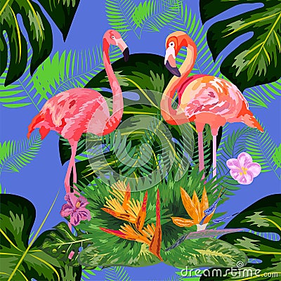 Seamless floral summer pattern background with tropical palm leaves, flamingo, hibiscus Stock Photo