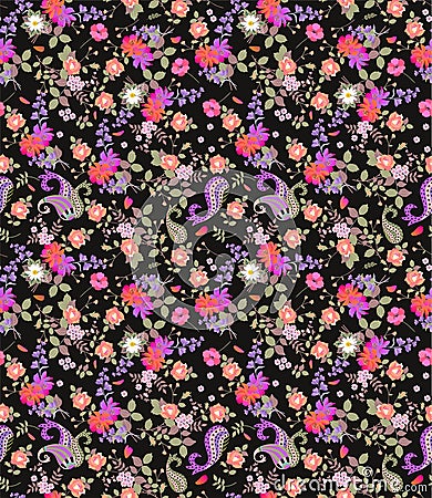 Seamless floral summer pattern with paisley, bouquets of roses, daisy, cosmos and bell flowers on black background. Stock Photo