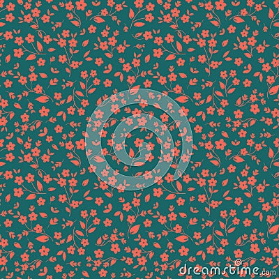 Seamless floral vector pattern orange pinkish small flowers on dark green background, ditzy, millefleurs, fabric Vector Illustration