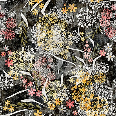 Seamless florqal small flowers leaves vintage retro grunge pattern Stock Photo