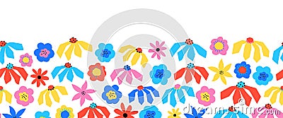 Seamless Flower border red blue yellow pink. Repeating cute floral horizontal kids pattern Scandinavian style abstract paper cut Vector Illustration