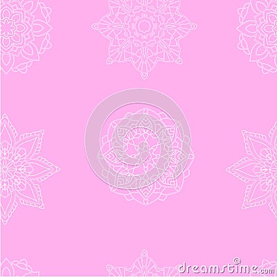 Seamless Flower mandala white outline on pink blackground Vector Illustration