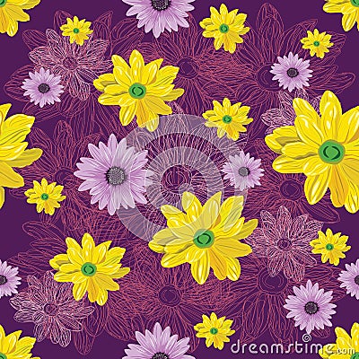 Seamless flower pattern with lined and colored flowers on violet background. Vector Illustration