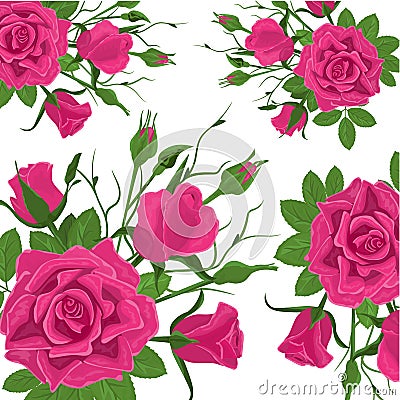 Seamless Flower Pattern. Vintage Pink Roses with Green Leaves. Floral Decorative Seamless Background for Wedding Vector Illustration