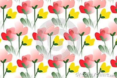 Seamless Flowers And Green Leafs Pattern Background. Stock Photo
