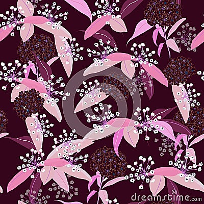 Seamless flowers Pattern Isolated on dark purple color. outline Stock Photo