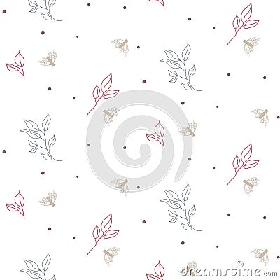 Seamless foliage and moths pattern with tiny small leaves on white. Vector Illustration