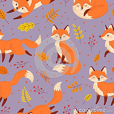 Seamless foxes pattern. Autumn fox, cute orange animal cartoon vector illustration Vector Illustration