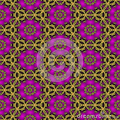 Seamless fractal pattern with pink flowers and gold entwined circles Stock Photo