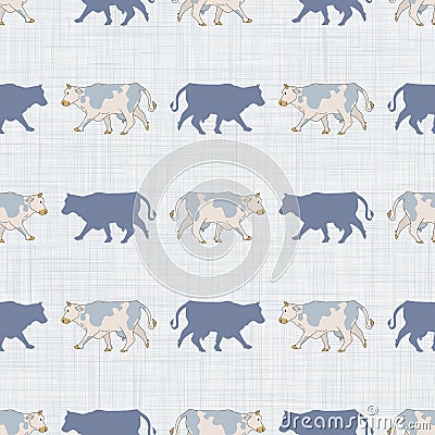 Seamless french farmhouse cow silhouette pattern. Farmhouse linen shabby chic style. Hand drawn rustic texture Vector Illustration