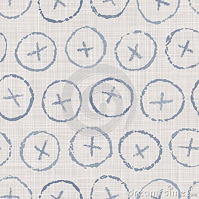 Seamless french farmhouse dotty linen pattern. Provence blue white woven texture. Shabby chic style decorative circle Stock Photo