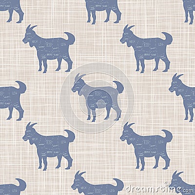 Seamless french farmhouse goat butcher chart pattern. Farmhouse linen shabby chic style. Hand drawn rustic texture Vector Illustration
