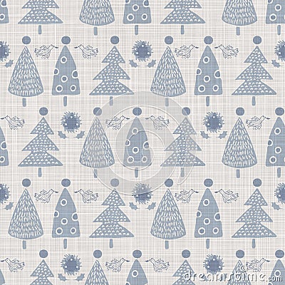 Seamless french farmhouse linen printed winter holiday background. Provence blue gray linen pattern texture. Shabby chic Stock Photo