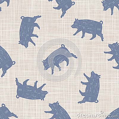 Seamless french farmhouse pig butcher chart pattern. Farmhouse linen shabby chic style. Hand drawn rustic texture Vector Illustration