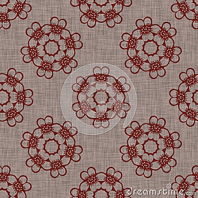 Seamless french floral farmhouse woven linen texture. Two tone red shabby chic pattern background. Modern vintage fabric Stock Photo
