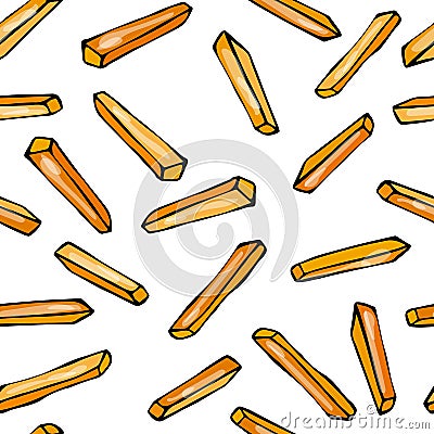 Seamless with French Fries Potato. Fast Food Background. Realistic Doodle Cartoon Style Hand Drawn Sketch Vector Illustration.Isol Stock Photo