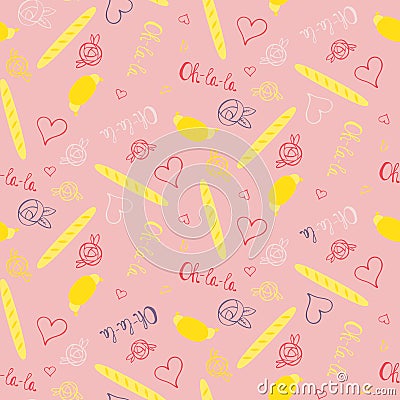 Seamless french pattern with croissants and baguettes Cartoon Illustration