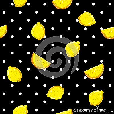 Seamless fresh lemon pattern with colorful summer on polka dots Stock Photo