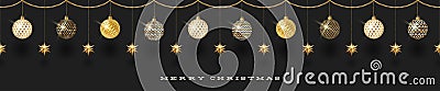 Seamless frieze with Christmas decoration - patterned baubles with golden stars. Vector Illustration