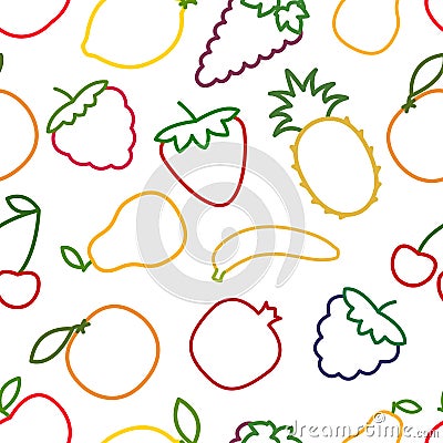 Seamless fruits and berries outline pattern Vector Illustration