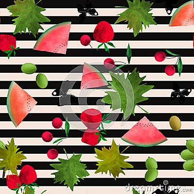 Seamless Fruits Berries Watercolor Cartoon Striped Pattern Stock Photo