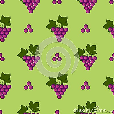 Seamless fruits vector pattern, bright color background with grapes and leaves, over green backdrop Vector Illustration