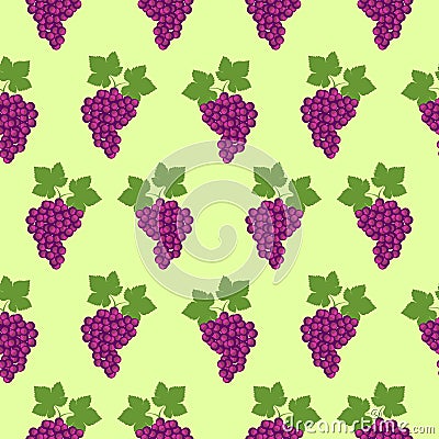 Seamless fruits vector pattern, bright color background with grapes and leaves, over light green backdrop Vector Illustration