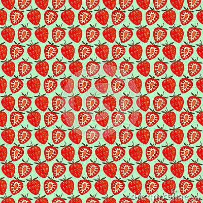 Seamless fruits vector pattern, bright color symmetrical background with strawberries, whole and half, over green backdrop Vector Illustration