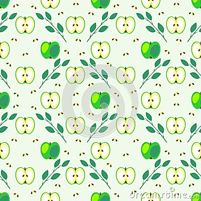 Seamless fruits vector pattern, geometric background with green apples and leaves Vector Illustration
