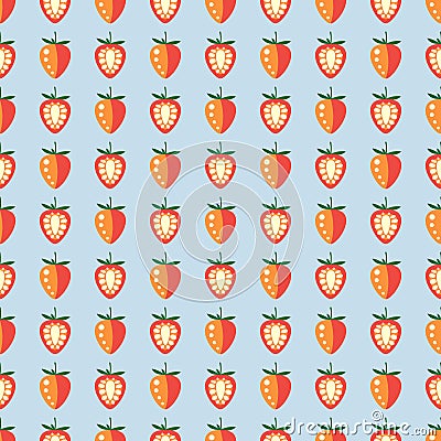 Seamless fruits vector pattern, pastel symmetrical background with strawberries, whole and half, on the blue backdrop Vector Illustration