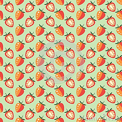 Seamless fruits vector pattern, symmetrical background with strawberries, whole and half, on the green backdrop Vector Illustration