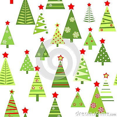 Seamless funny wallpaper with cut out paper abstract green firs with red stars for Christmas greeting design. Flat style Vector Illustration