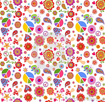 Seamless funny wallpaper with hippie peace symbols, flower-power, butterfly, fly agaric and paisley Vector Illustration