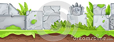 Seamless game landscape, jungle maya stone totem, ancient ruin background, green leaf, bushes. Vector Illustration