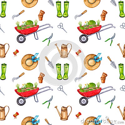 Seamless gardening pattern with colorful illustrations of flowers in a wheelbarrow and a gardening tool. Cartoon Illustration