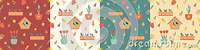 Seamless gardening pattern set with farm tools , flowers, rainbow and plants. Hyacinth and tulip. Vector illustration. Use for Vector Illustration