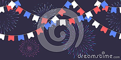 Seamless garland with celebration flags chain, white, blue, red pennons and salute on dark background, footer and banner fireworks Vector Illustration