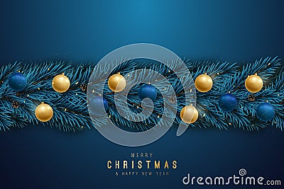 Seamless garland with realistic fir tree branches, lights and shiny baubles. Vector Illustration