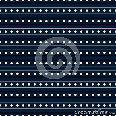 Seamless geometric graphics. White polka dots and lines arranged evenly on a dark, navy background. Vector Illustration