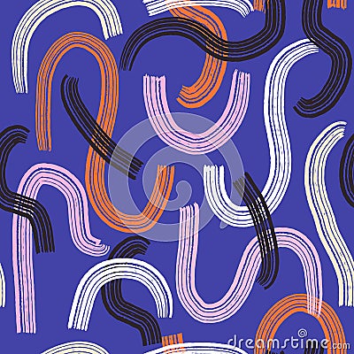 Seamless geometric pattern with abstract hand drawn zigzag shapes. Modern dark blue artistic background. Perfect for fabric design Vector Illustration