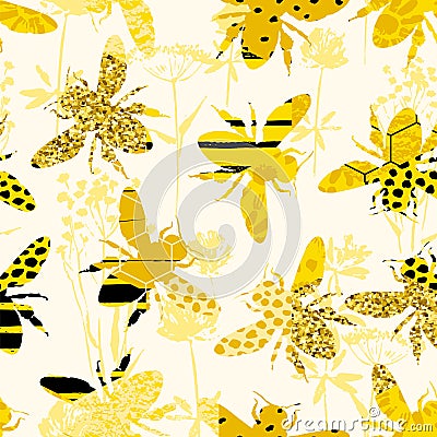 Seamless geometric pattern with bee. Modern abstract honey design. Vector Illustration