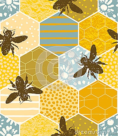 Seamless geometric pattern with bee. Modern abstract honey design. Vector Illustration