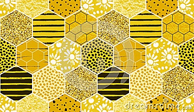 Seamless geometric pattern with bee. Modern abstract honey design. Vector Illustration