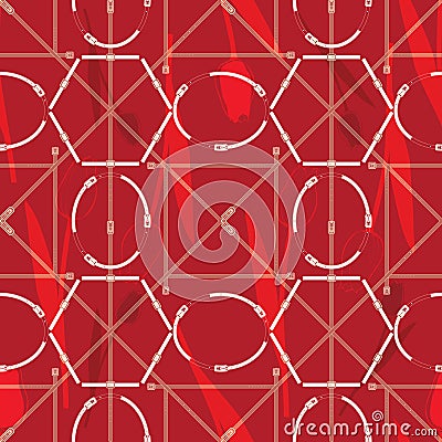 Seamless geometric pattern with belts, tulips and buckles. Complex vector print in red, burgundy coral and cream. Vector Illustration