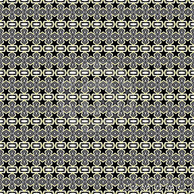 Seamless geometric pattern of black flowers and polygon shapes with yellow stroke lines. Flat design vector illustration, EPS10. Vector Illustration