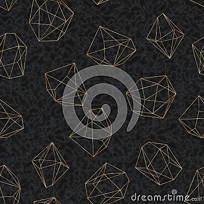 Seamless geometric pattern on black marble background. Abstract gold polygonal geometric shapes / crystals Stock Photo