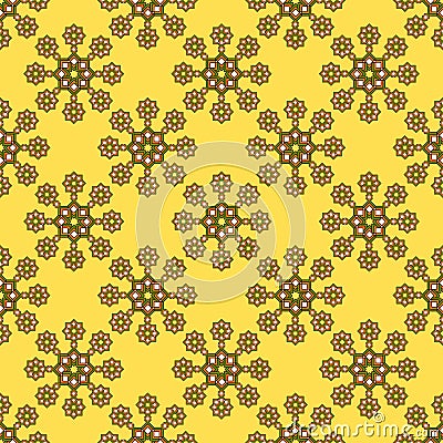 Seamless geometric pattern of bright curly multibeam stars, on a mustard background Vector Illustration