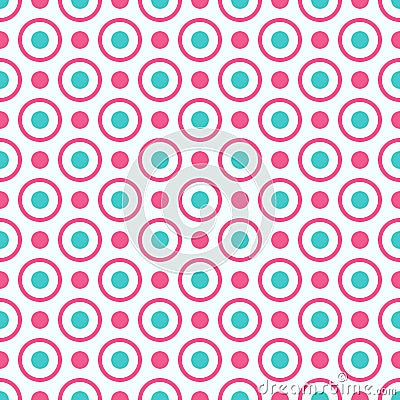 Seamless geometric pattern with bright pink and blue dots and circles. Vector Illustration