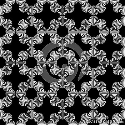 Seamless geometric pattern of circles on a black background. Vector Illustration