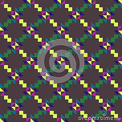 Seamless geometric pattern with colored triangles and squares on grey background. Vector Illustration